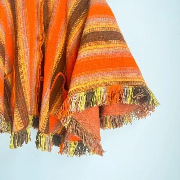 Vintage Wool Bright Orange Brown Striped Poncho w Patch Pockets OS - Picture 4 of 9